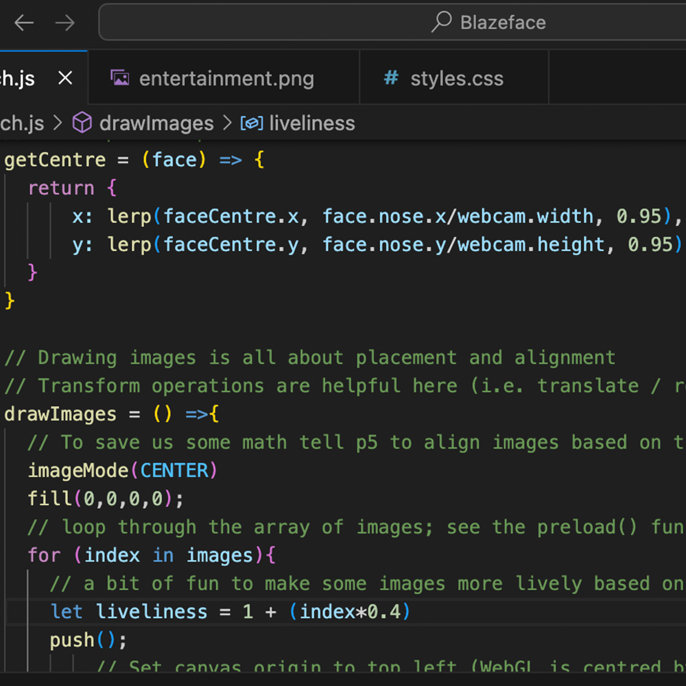 This is an image of the code so that I can remember the values that were changed. When liveliness is a lower value 
          it takes a lot more head movement for the illustration to move and all pieces move very smoothly (almost an ease in and out effect).